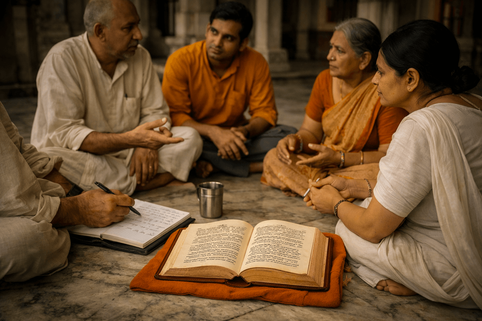 Devotees spending peaceful time in a devotional home setting